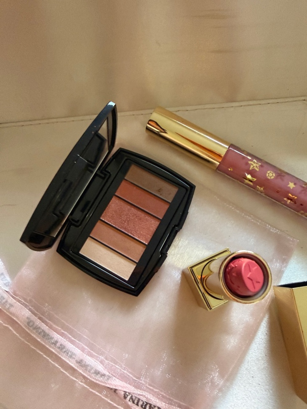 Lancôme Gold & Satin Cream Cosmetic Travel Case+Pink lipstick &gloss+eye shadow